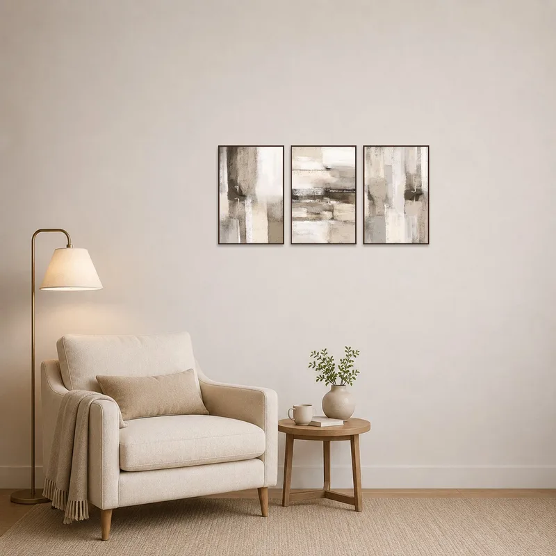 Neutral tones triptych adding elegance to a cozy reading corner.