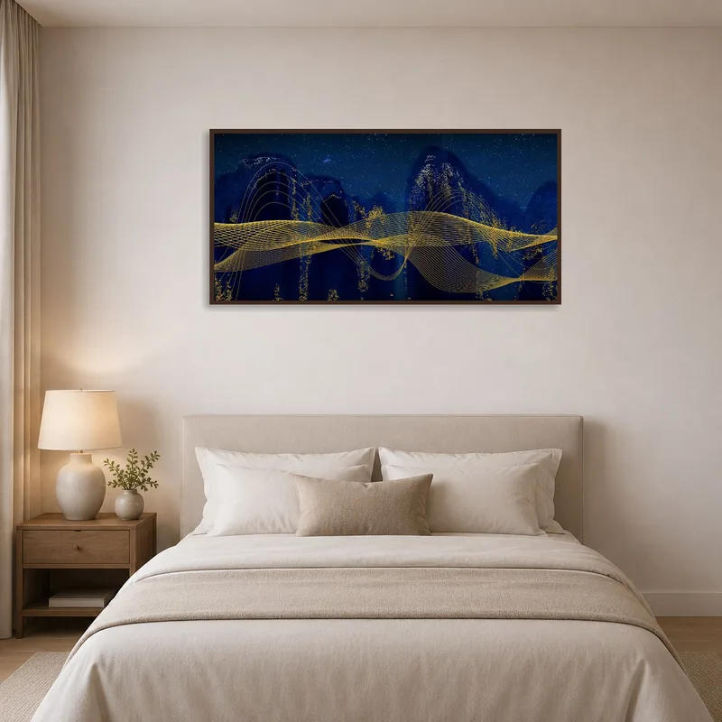 Serene abstract night sky with golden lines over a bedroom headboard.