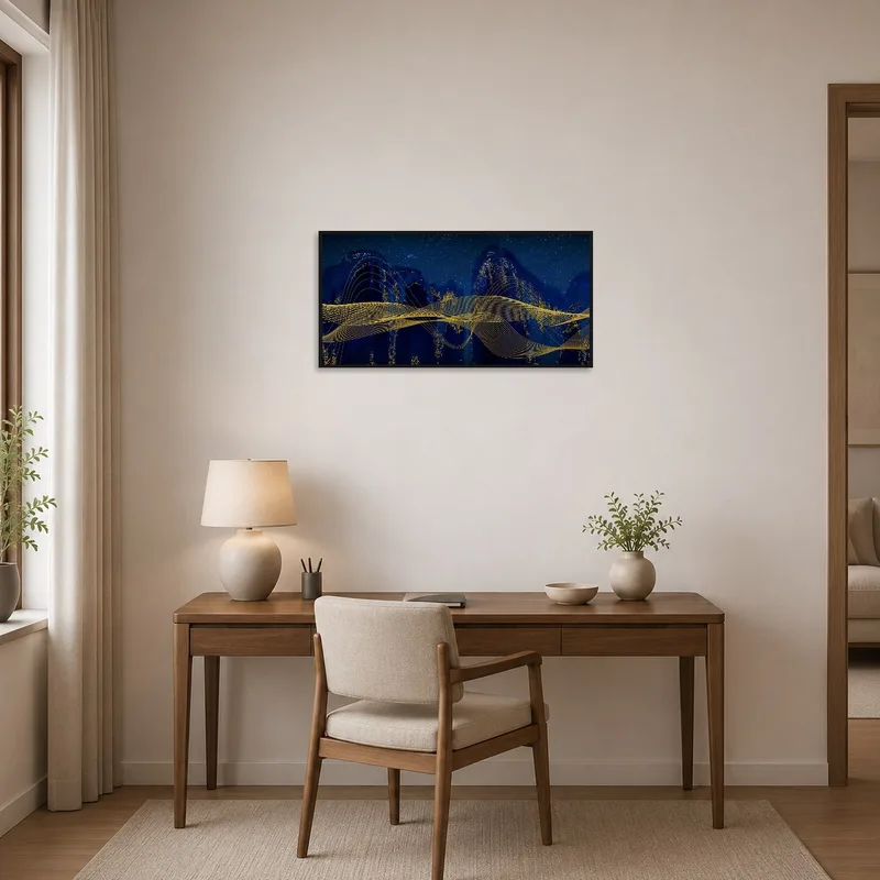 Home office featuring abstract night sky art with golden lines near a workspace.