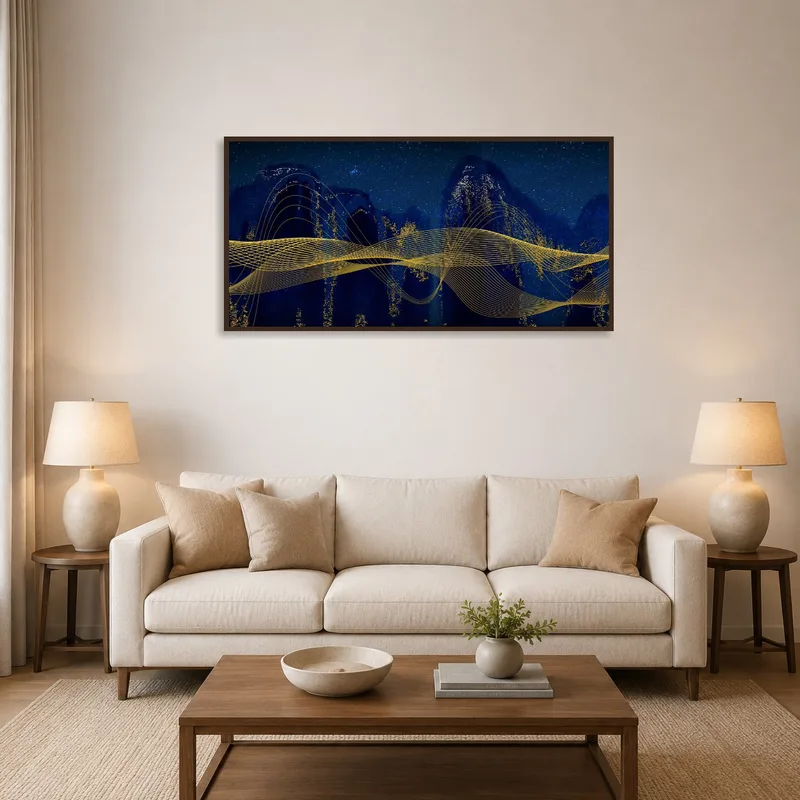 Abstract night sky art with golden lines on living room wall above a modern sofa.