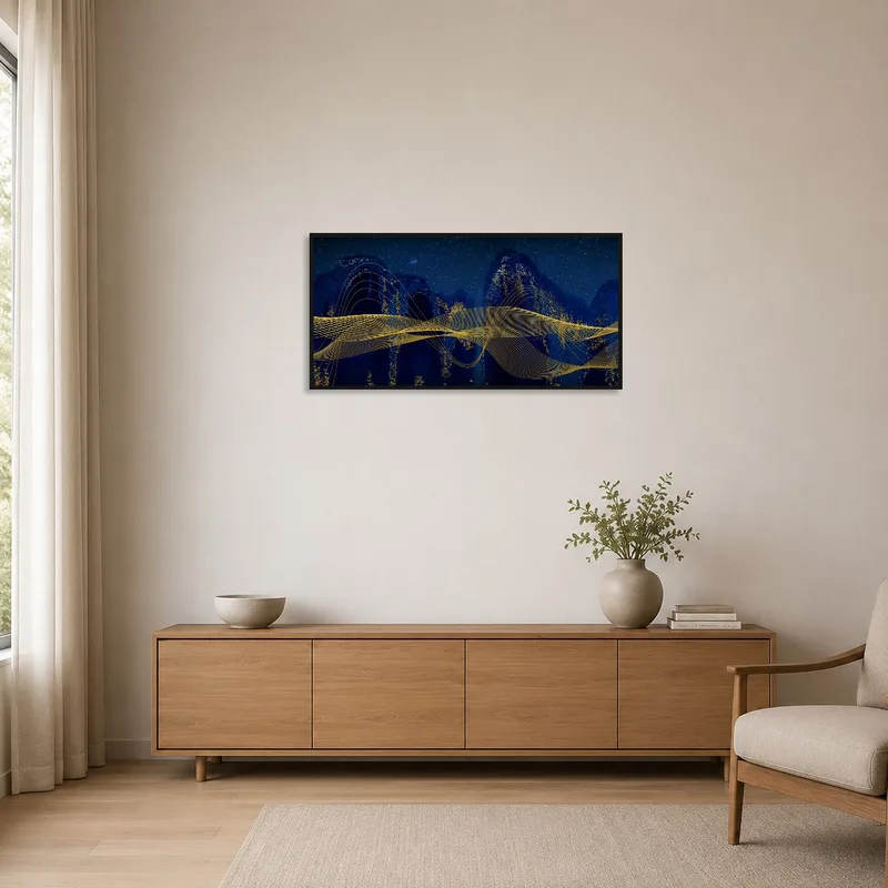 Sleek abstract night sky art with golden lines in a minimalist room with white walls.