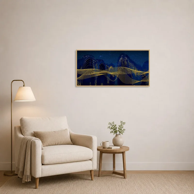 Night sky with golden lines art piece softly illuminating the reading corner.