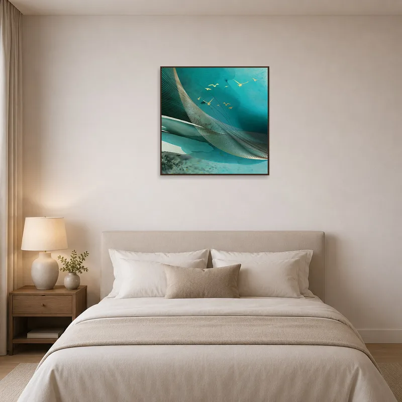 Serene bedroom showcasing art of an ocean and flying birds.