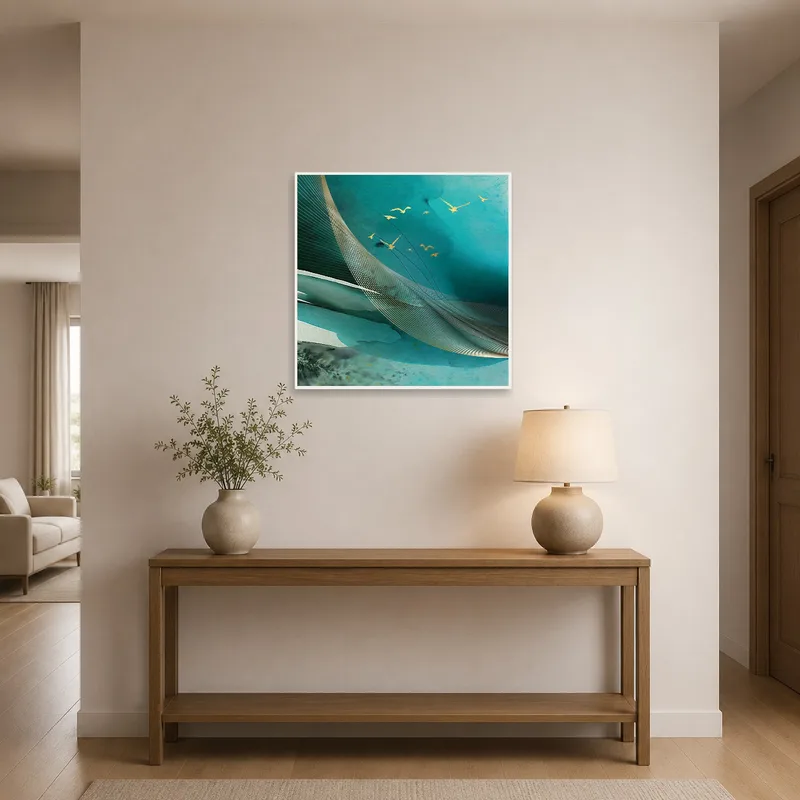 Entrance hall featuring abstract ocean scene with birds.