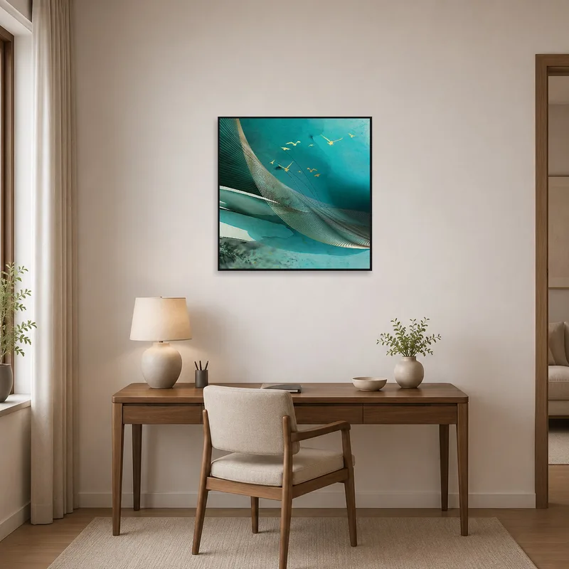 Inspirational artwork with ocean and birds in a home office.