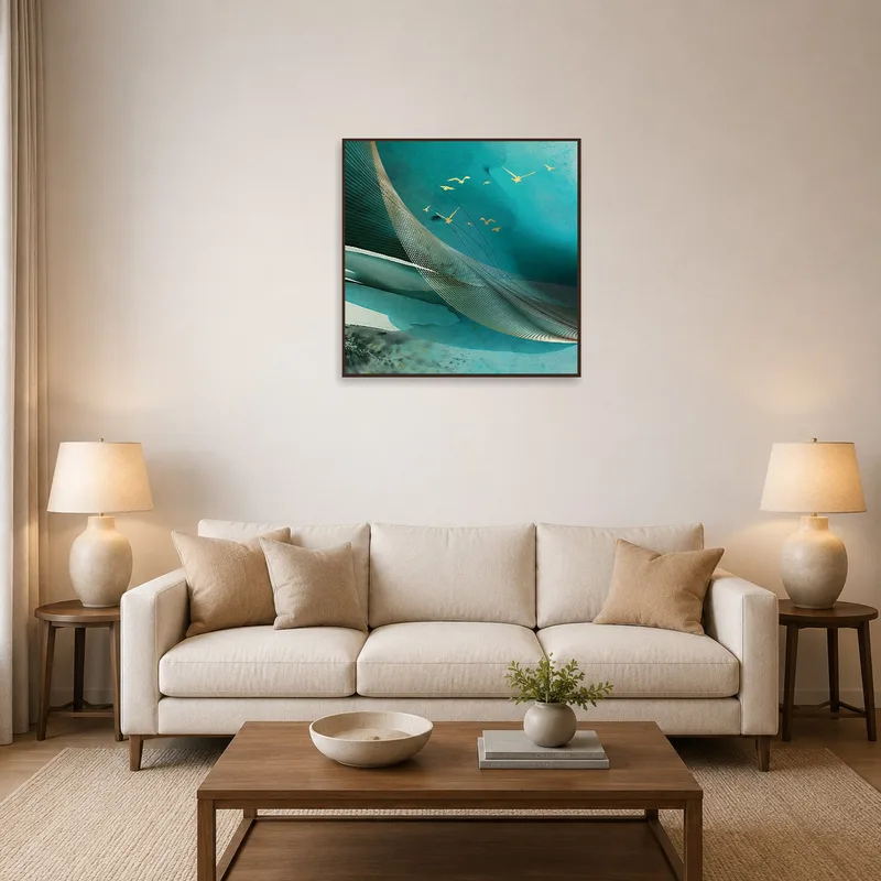 Abstract ocean art with flying birds in a vibrant living room setting.