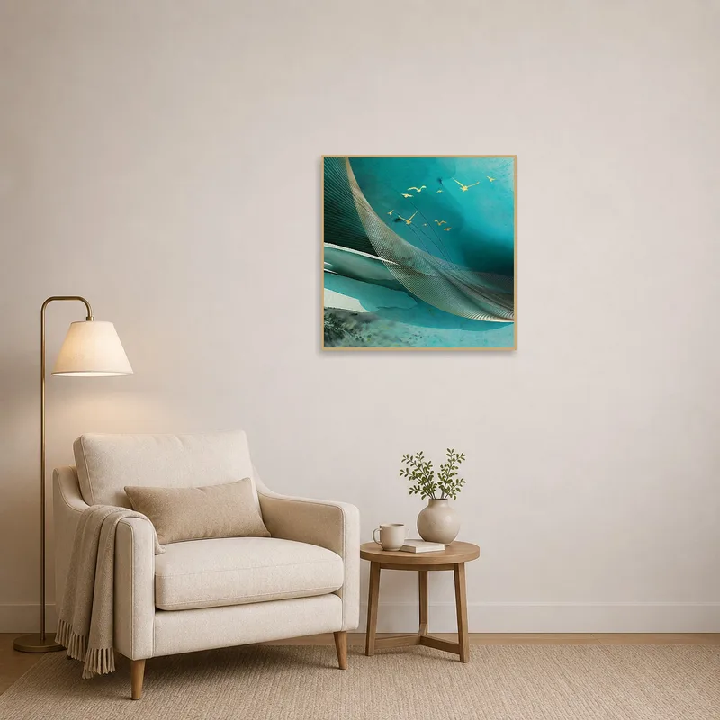 Abstract ocean and birds art enhancing a cozy reading corner.