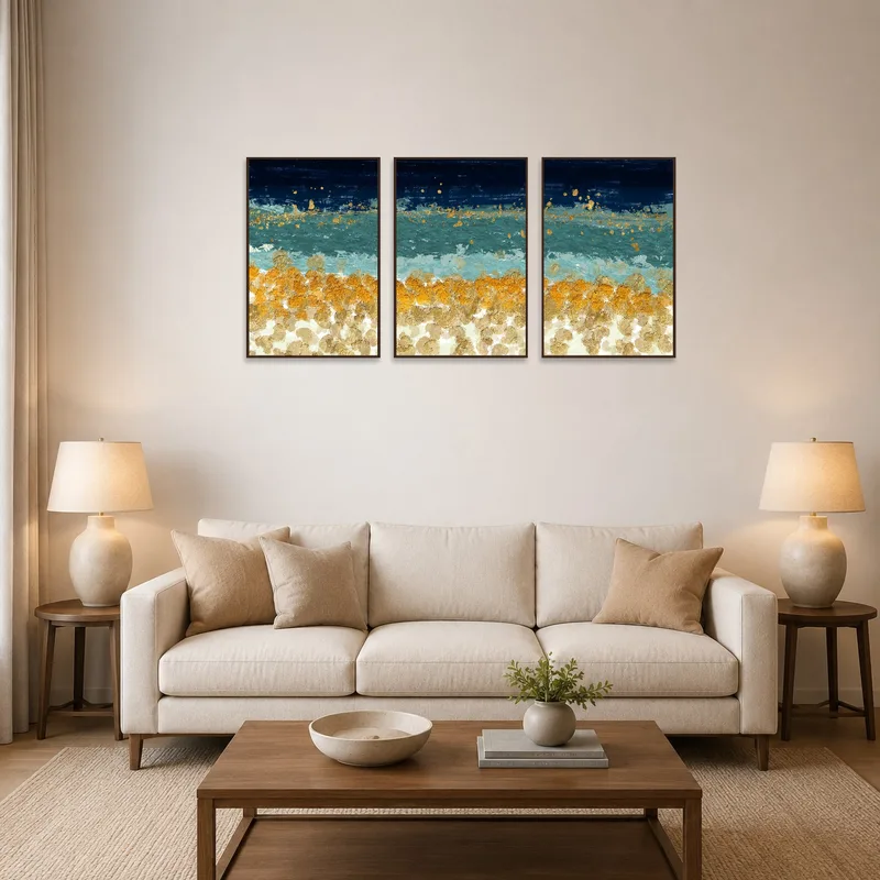 Abstract ocean-themed triptych with gold accents in a cozy living room.