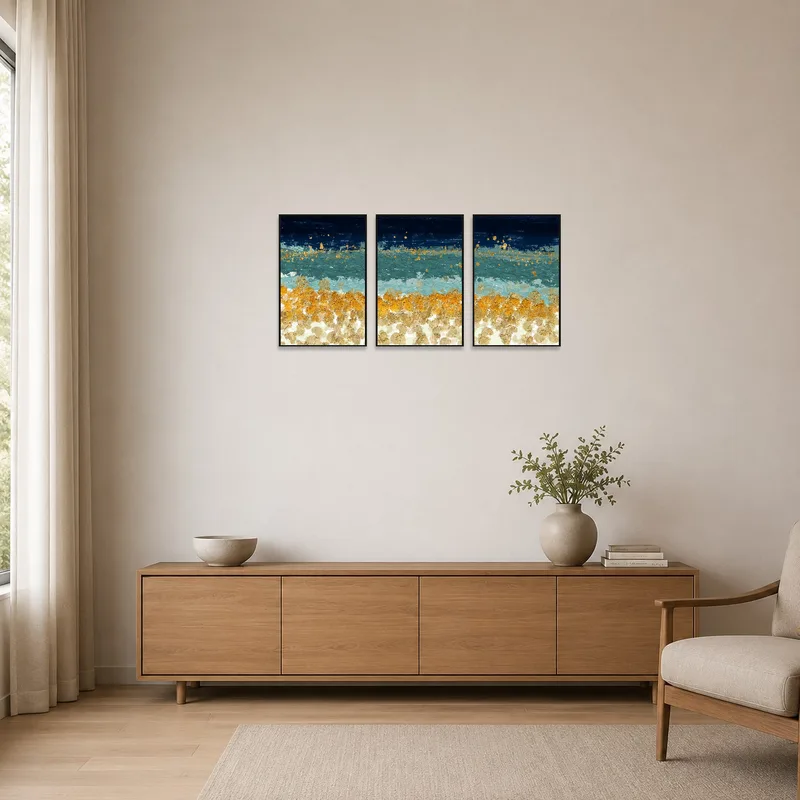 Minimalist setting showcasing an ocean-inspired triptych with gold details.