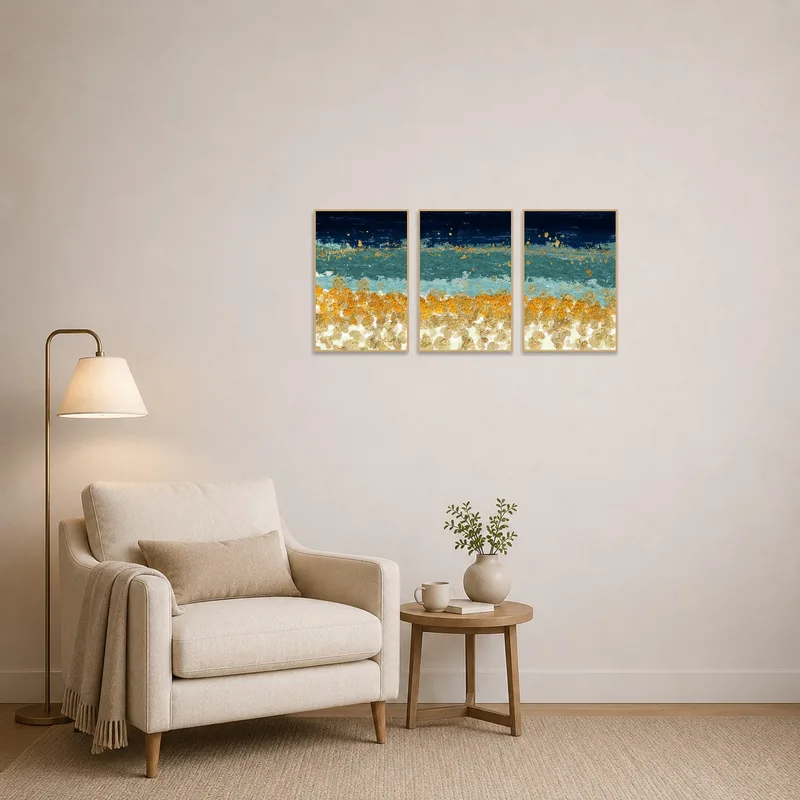 Reading corner accented by an ocean-themed abstract triptych with gold tones.