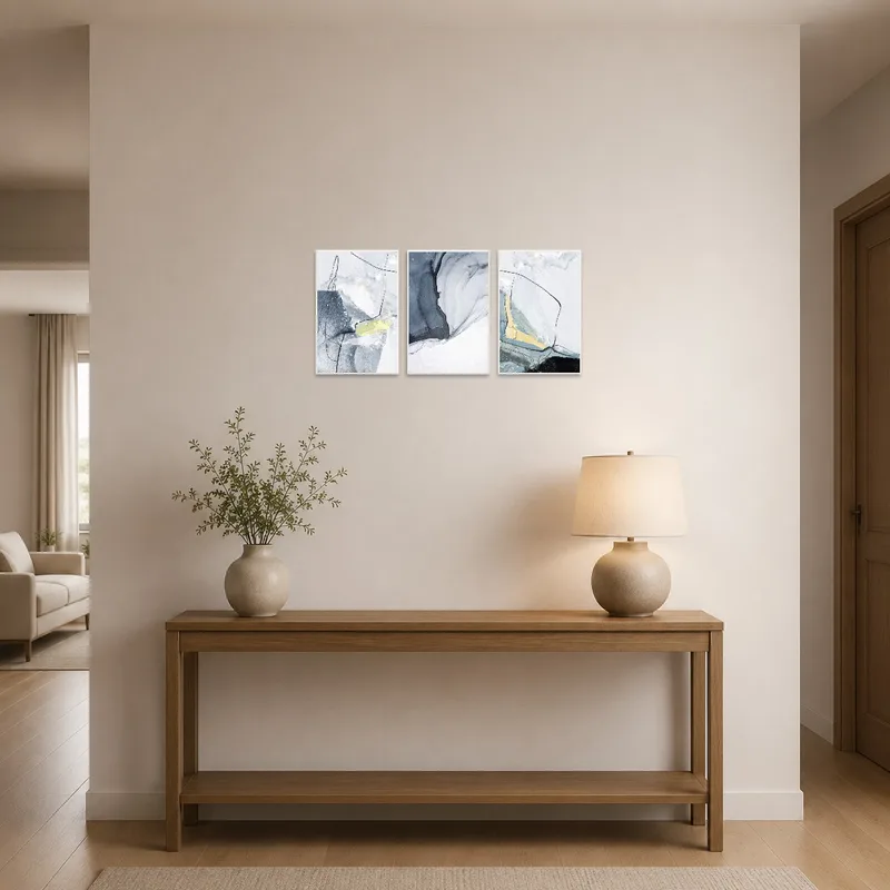 Entrance hall with Abstract Oceanic Flow Triptych Set greeting visitors.