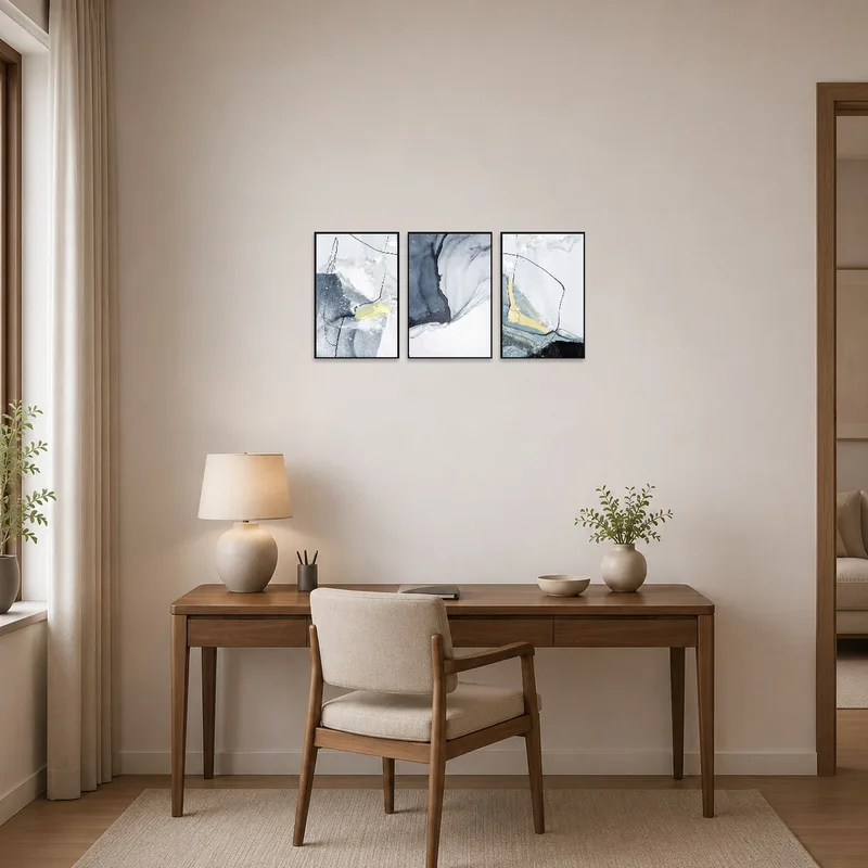 Home office with Abstract Oceanic Flow Triptych Set providing inspiration.