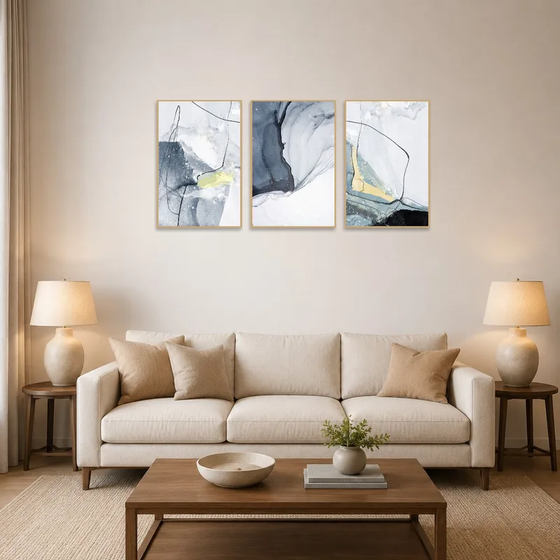 Abstract Oceanic Flow Triptych Set on living room wall behind a modern sofa.
