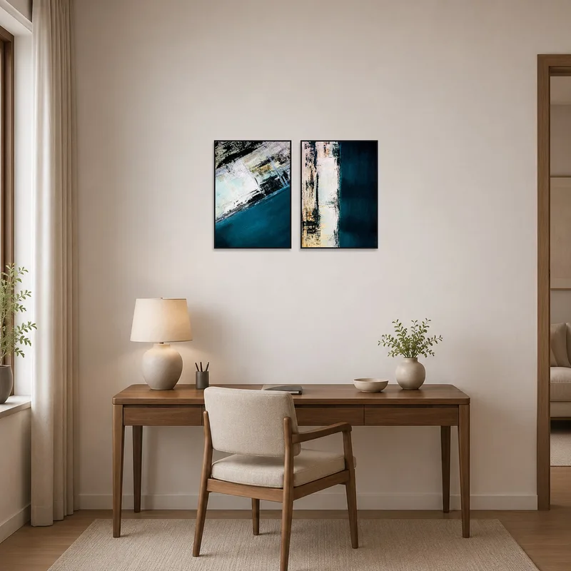 Abstract oceanic-themed art set inspiring a stylish home office.