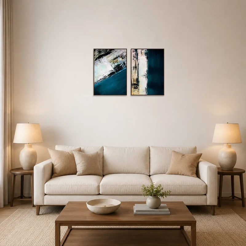 Abstract oceanic turquoise and neutral artwork set displayed above a modern sofa in a chic living room.
