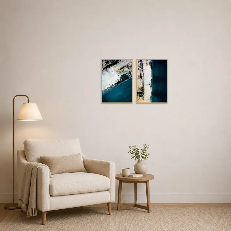 Turquoise and neutral abstract art set adds calm to a cozy reading corner.