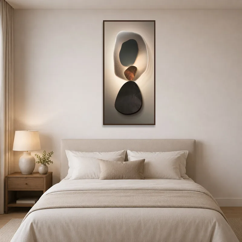 Illuminated art print of organic shapes enhancing a restful bedroom setting.