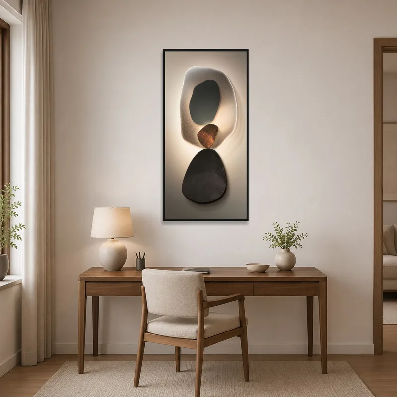 Abstract organic shapes art print inspiring creativity in a home office space.