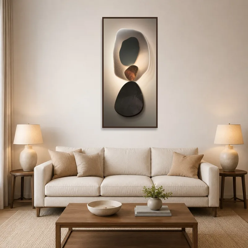 Abstract organic shapes art print on a living room wall with modern furniture.