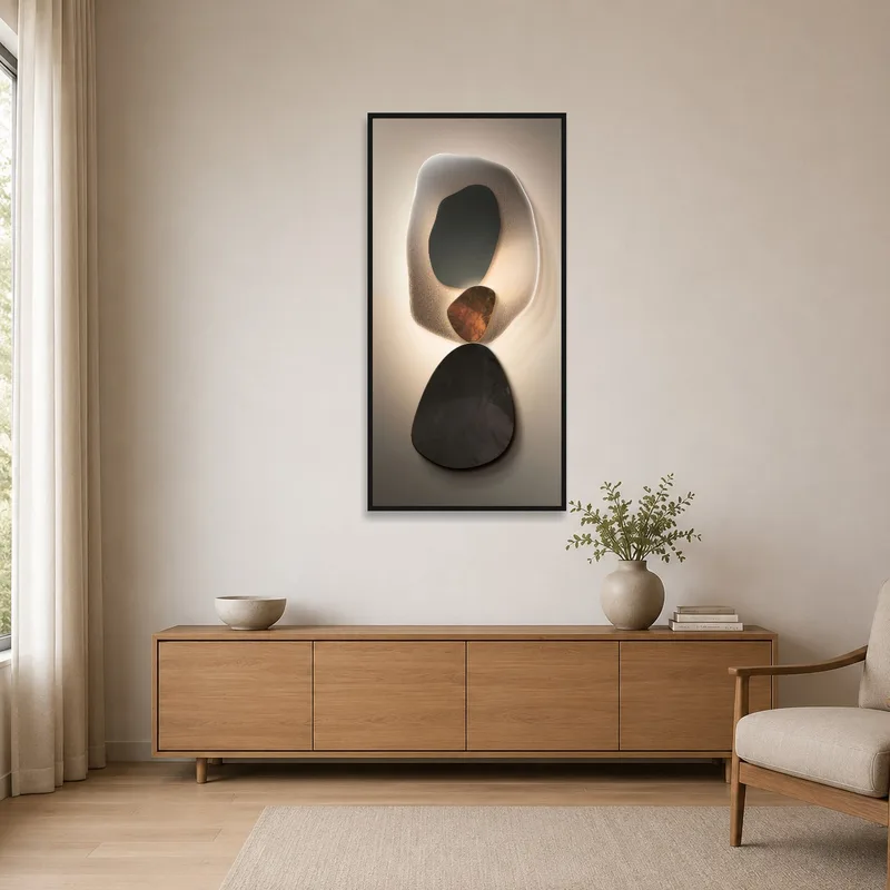 Art print of organic shapes complementing a minimalist room's simple decor.