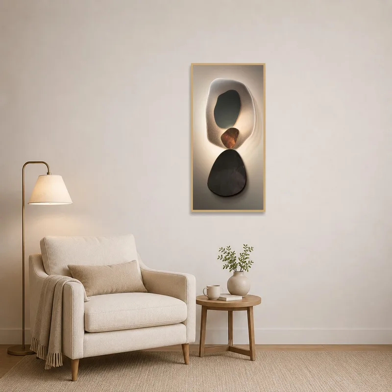 Abstract organic shapes art print adding flair to a cozy reading corner.