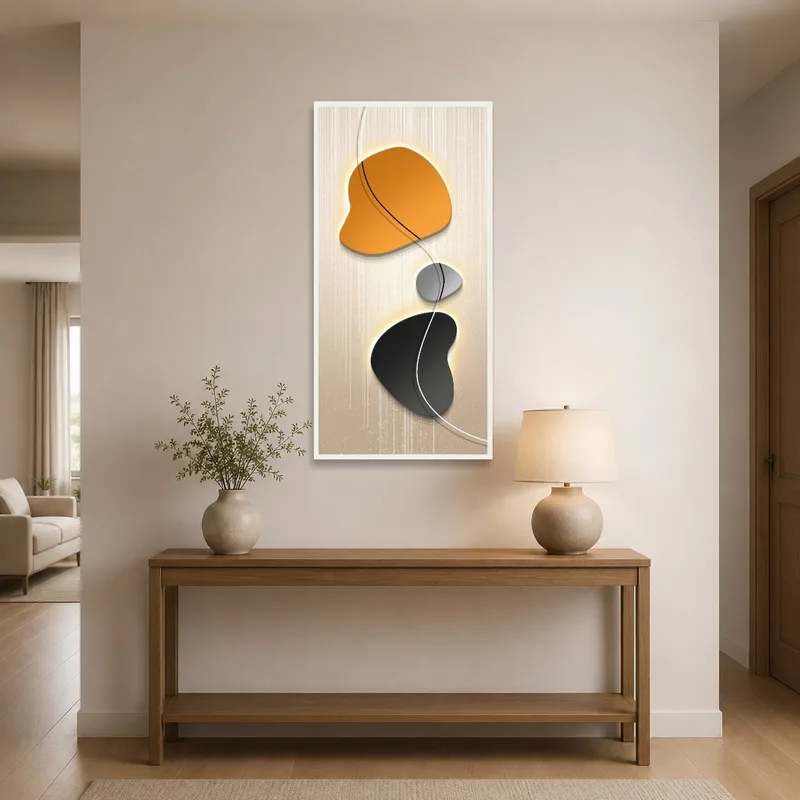 Vibrant art welcomes visitors in the entrance hall above a console table.