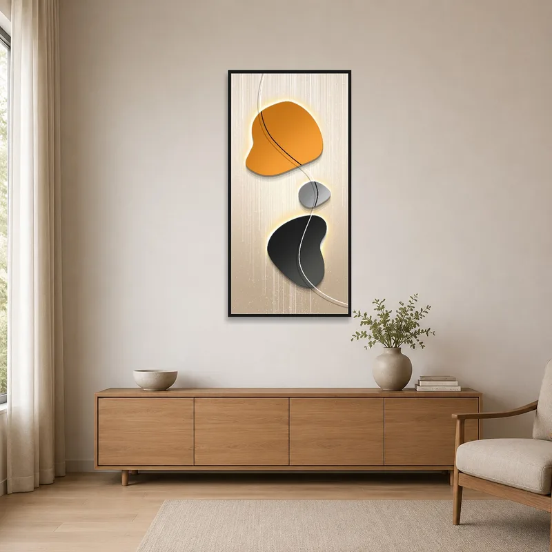 Bold shapes art piece adding contrast to a minimalist white wall.