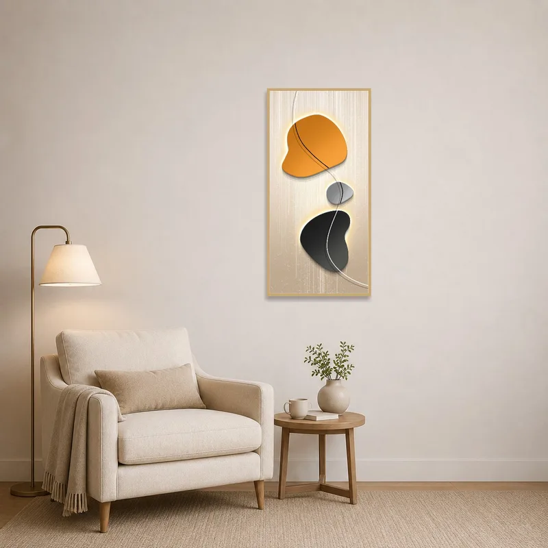Abstract art enhances the cozy atmosphere of a reading corner.