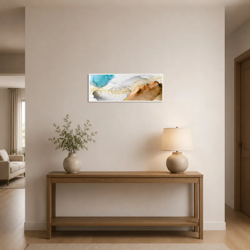 Entrance hall adorned with a striking abstract panoramic piece with gold accents near a console table.