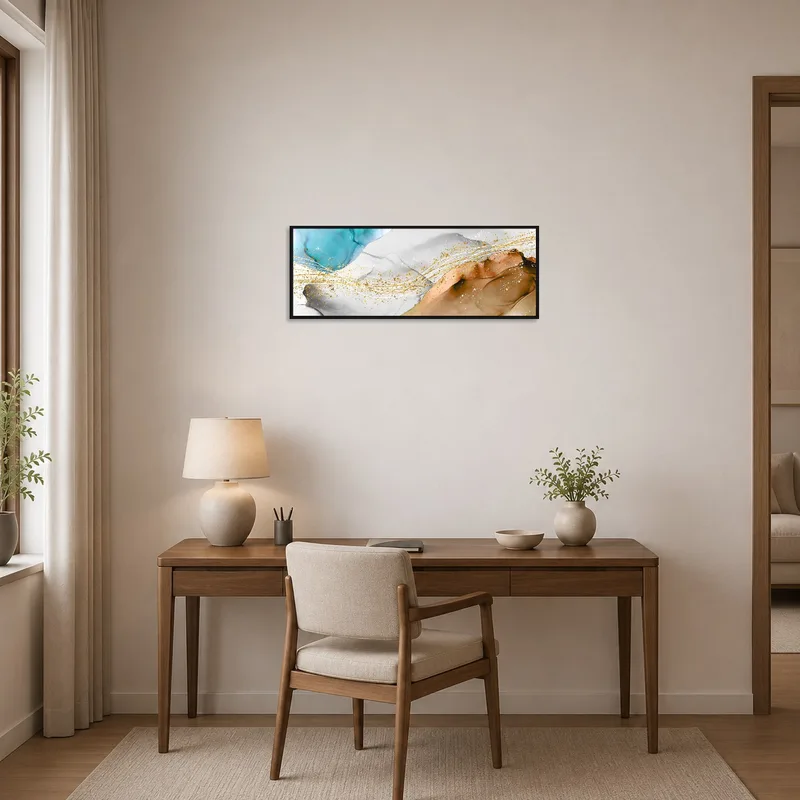 Home office showcasing abstract panoramic art with gold accents adding sophistication to the space.