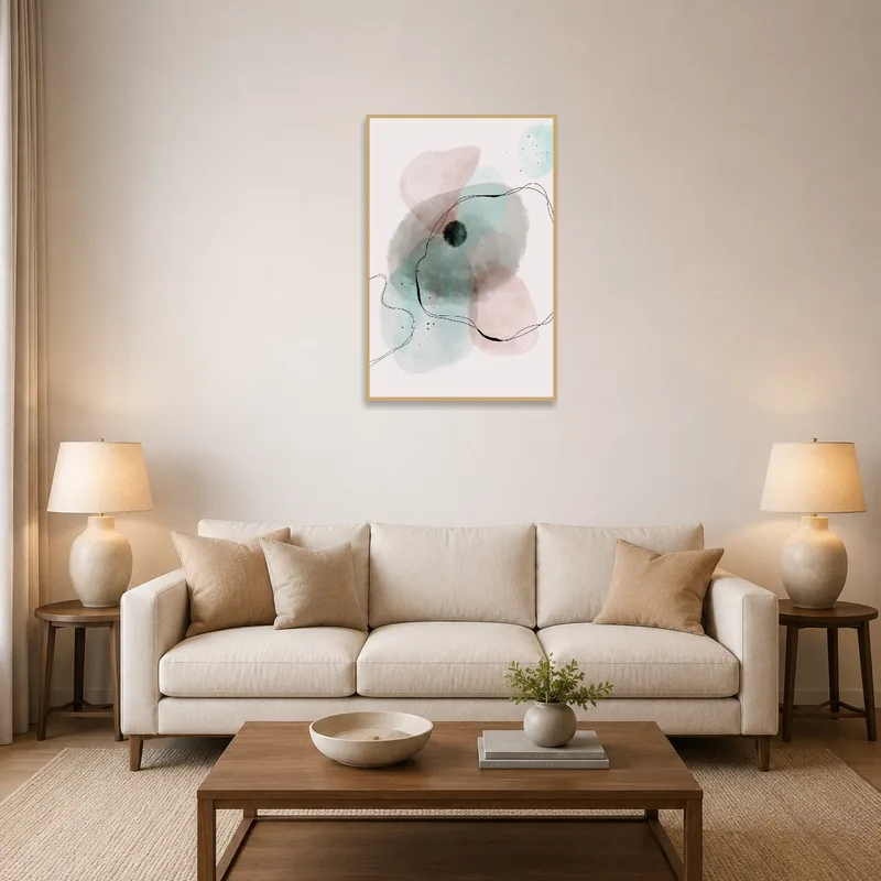 Abstract pastel watercolor art above a modern sofa in a bright living room.
