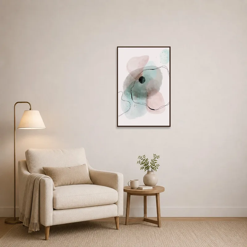 Pastel watercolor art adds tranquility to a cozy reading corner.