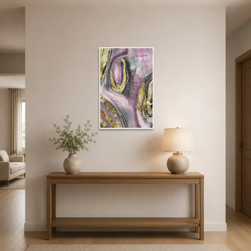 Abstract fluid art in pink and gold enhancing an entrance hall.
