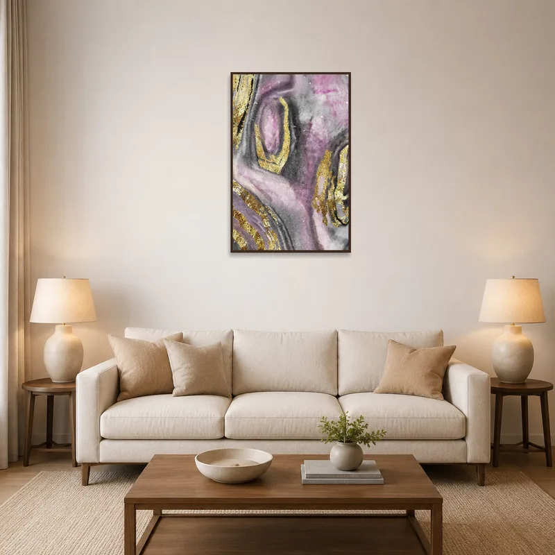 Abstract pink and gold fluid art in a vibrant living room setting.