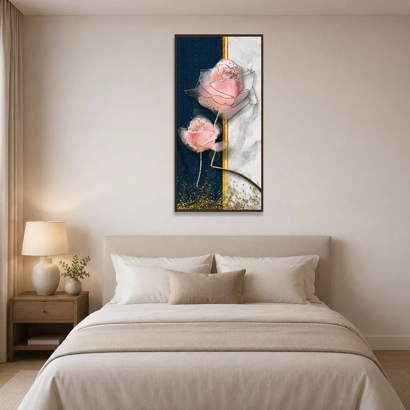 Bedroom adorned with elegant abstract pink roses on marble.