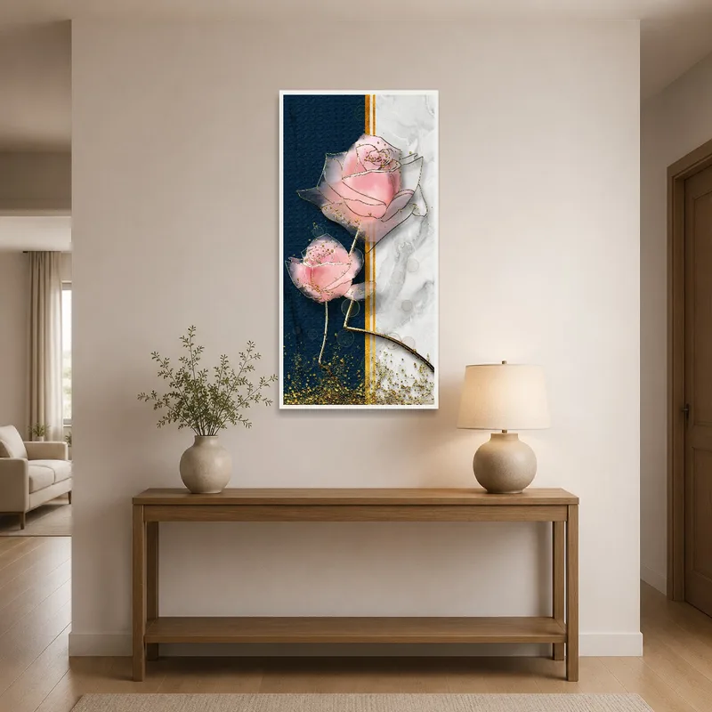 Entrance hall featuring a stunning abstract pink roses on a marble background.