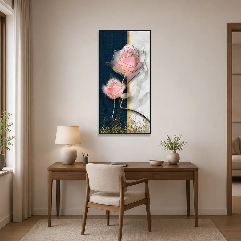 Home office enhanced by abstract pink roses set against a marble background.