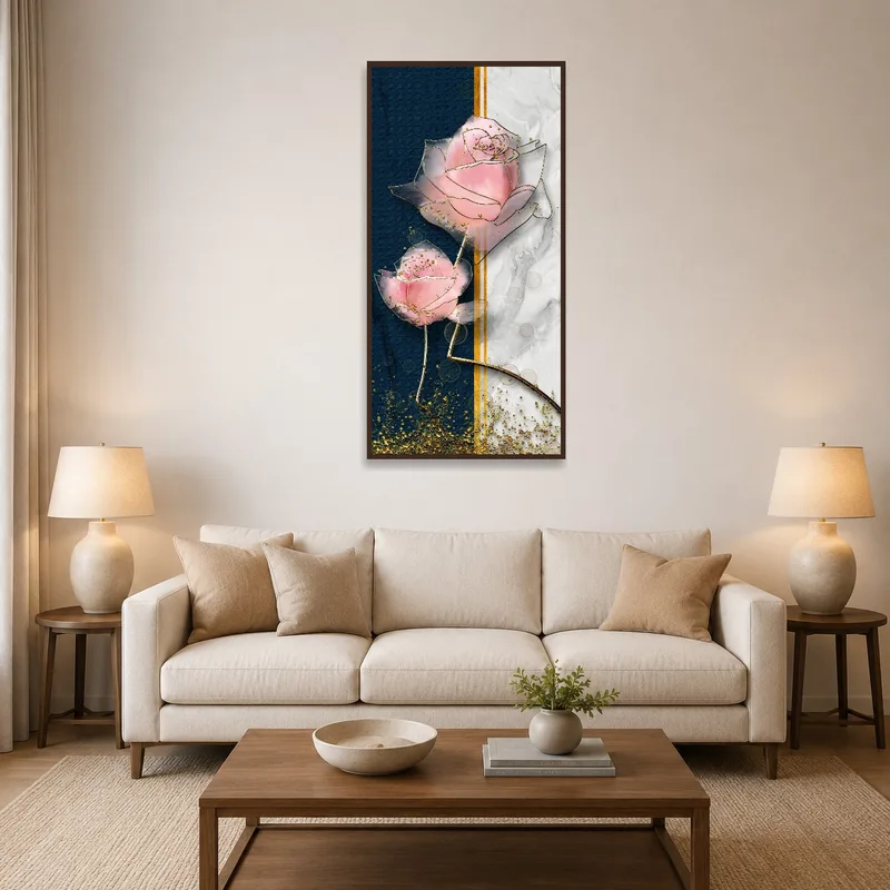 Abstract pink roses artwork against a marble texture in a cozy living room.