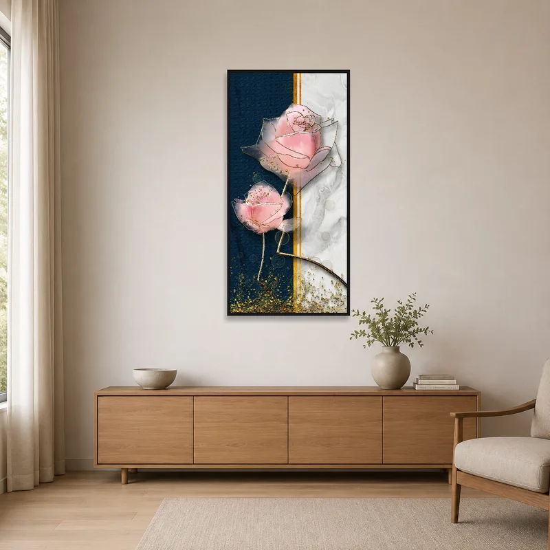 Minimalist setting highlighting abstract pink roses on a marble backdrop.