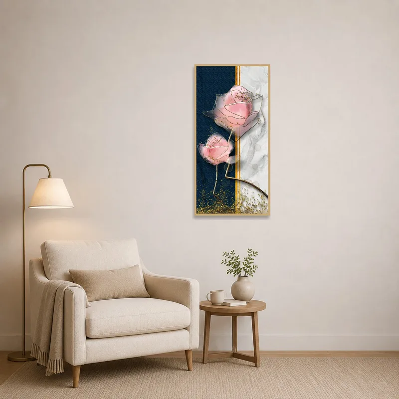Reading corner showcasing abstract pink roses with a marble texture.