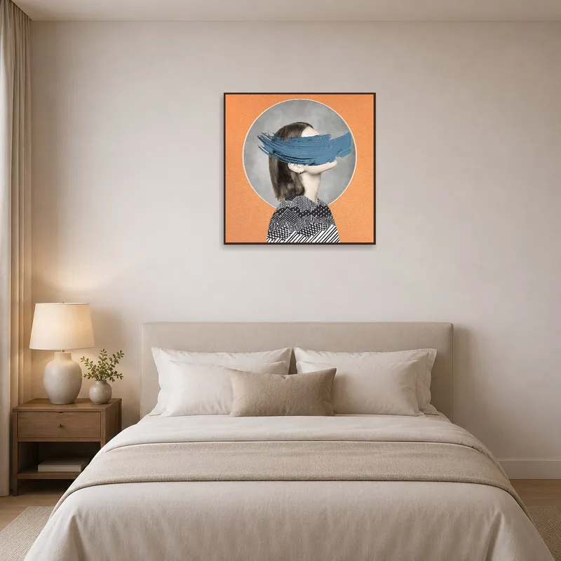 Bold blue brushstroke portrait contributing to a serene bedroom vibe.