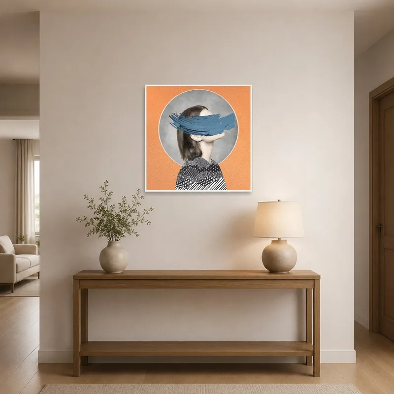 Bold blue brushstroke portrait adding flair to an entrance hall wall.
