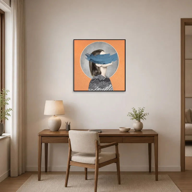 Blue abstract portrait displayed on a home office wall for a creative touch.