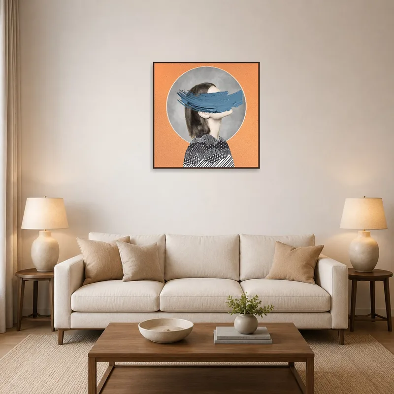 Abstract portrait with blue brushstroke above a modern sofa in a living room.