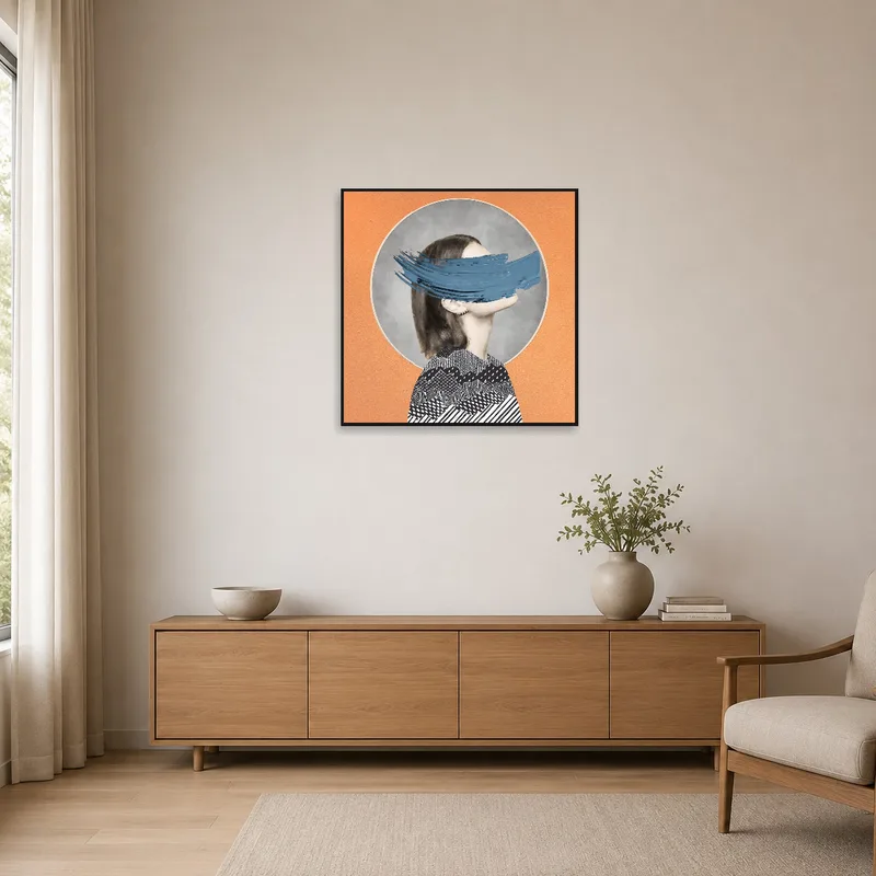 Abstract portrait with blue elements in a minimalist room, enhancing simplicity.
