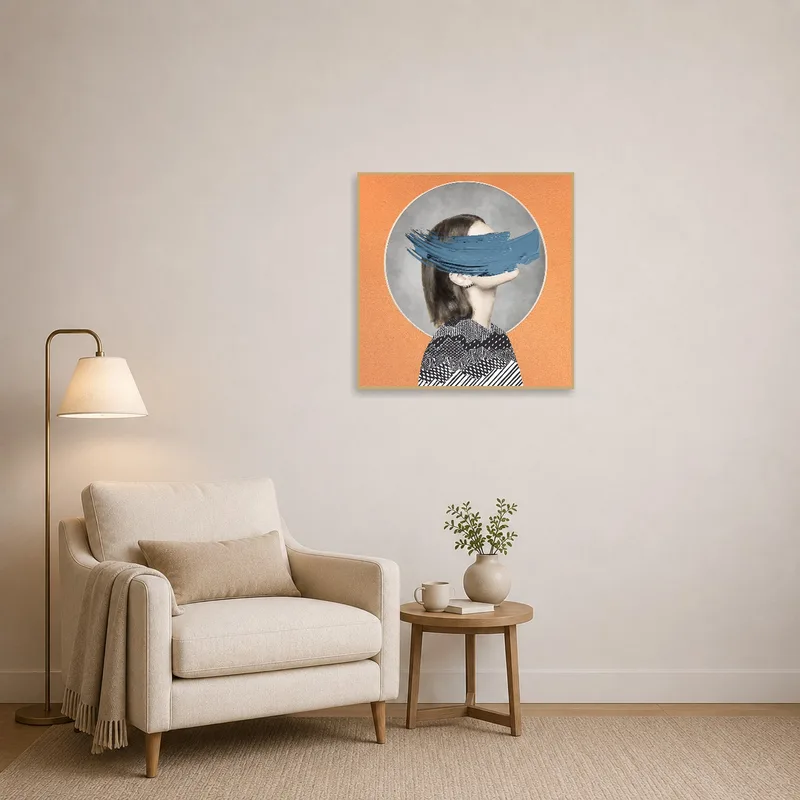 Abstract portrait with striking blue in a cozy reading corner setting.