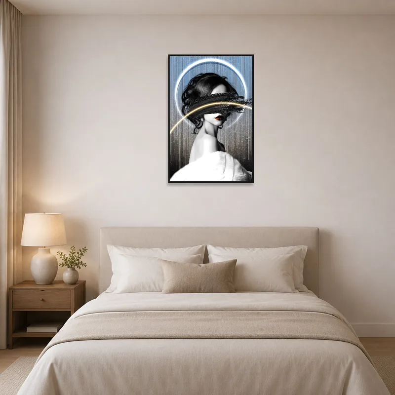 Cosmic-themed abstract portrait adding intrigue above a bed in a soothing bedroom.