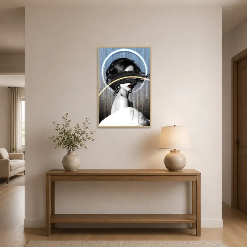 Bold abstract portrait featuring space elements in an entrance hall setting.