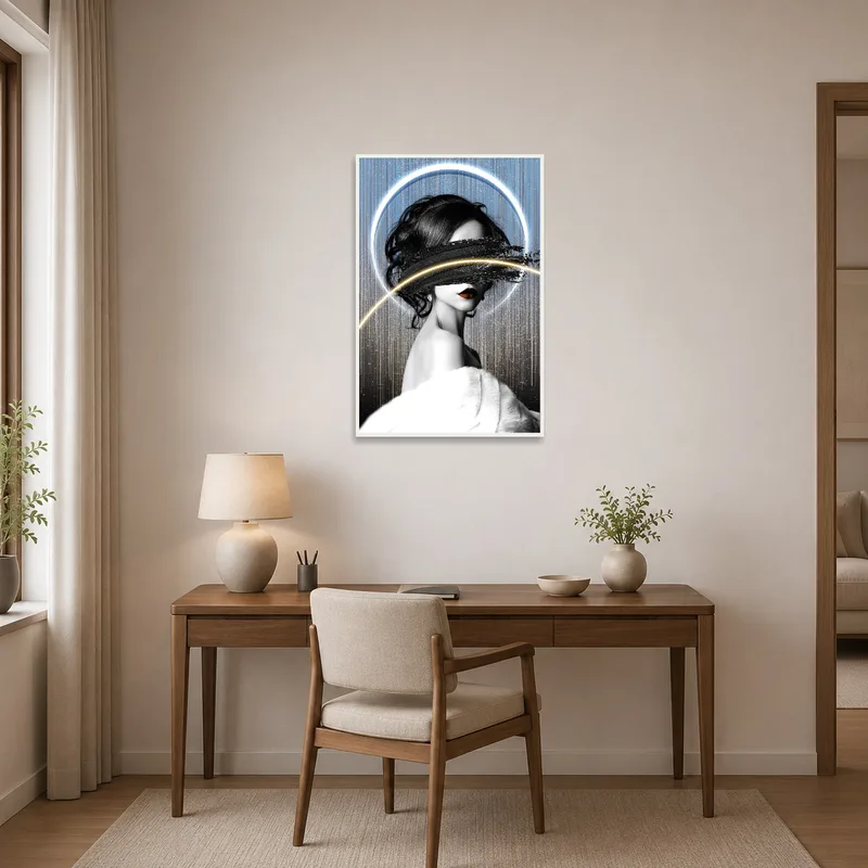 Abstract portrait with galaxy elements inspiring creativity in a stylish home office.