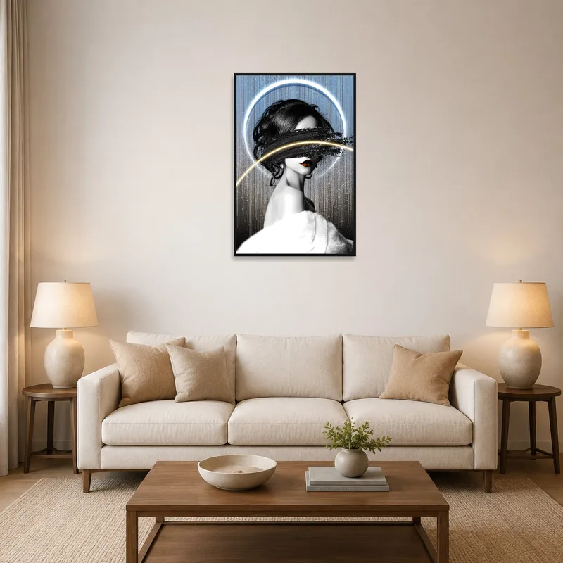 Abstract portrait with cosmic designs on a living room wall above a modern sofa.